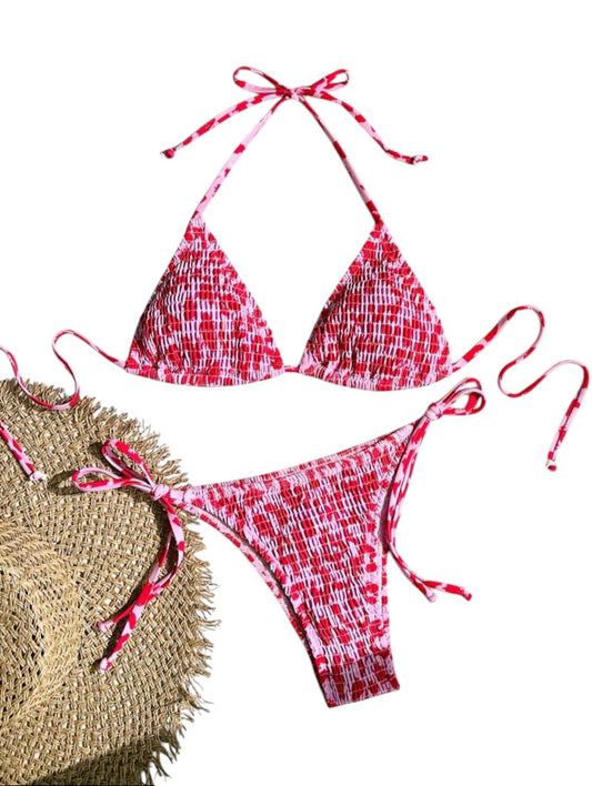 SHE pink-piros smockolt megkötős bikini szett