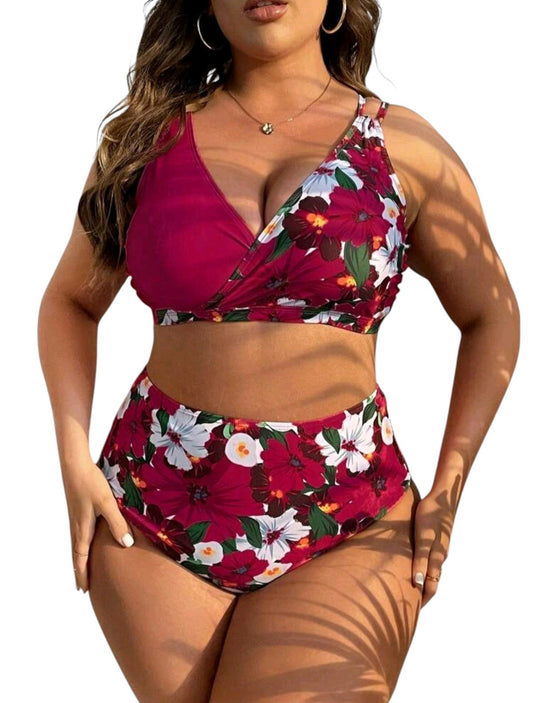 SHE bordó virágmintás átlapolt bikini szett
