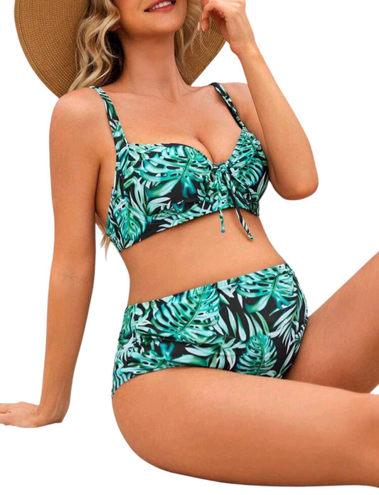 SHE zöld levélmintás megkötős bikini szett