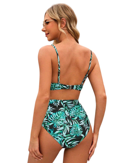SHE zöld levélmintás megkötős bikini szett