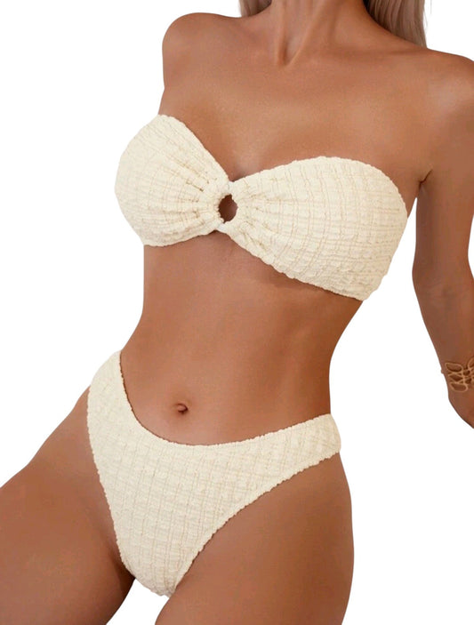 SHE krém texturált karikás bandeau bikini szett