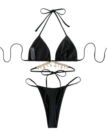 SHE fekete díszes pántú háromszög bikini szett