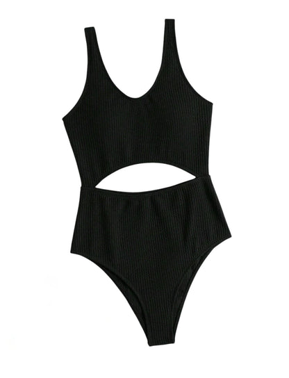 SHE fekete bordázott kivágott monokini