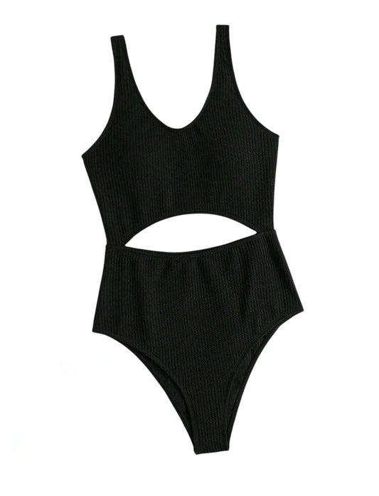SHE fekete bordázott kivágott monokini