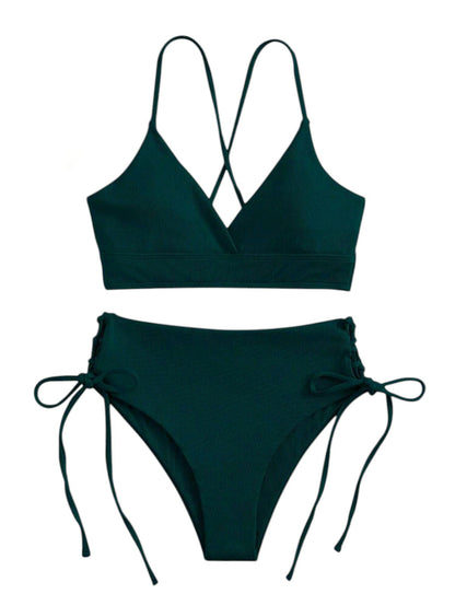 SHE sötétzöld bordázott átlapolt megkötős bikini szett