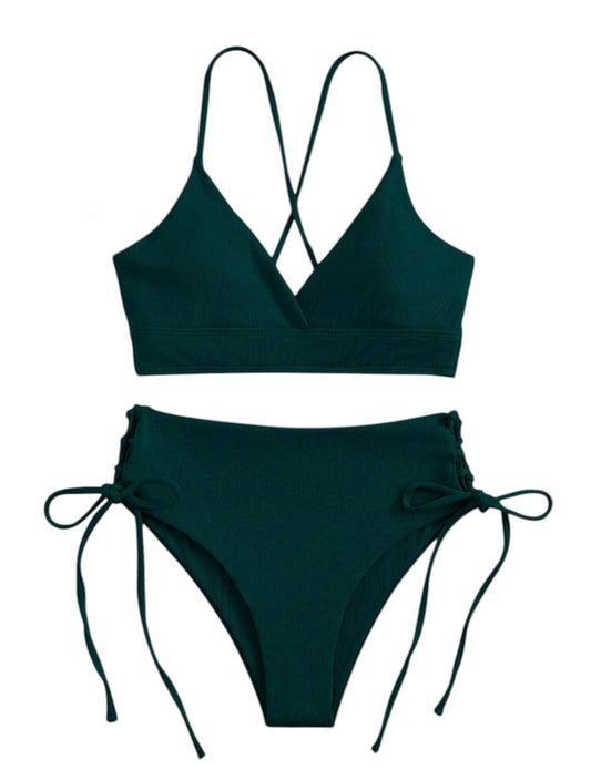 SHE sötétzöld bordázott átlapolt megkötős bikini szett