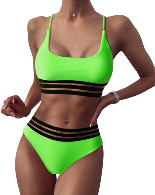 SHE neonzöld hálós csíkos bikini szett