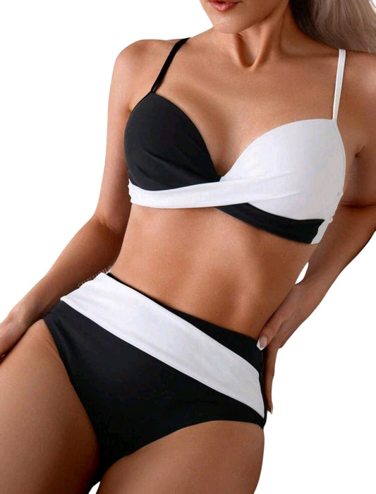 SHE fekete-fehér colorblock átlapolt bikini szett