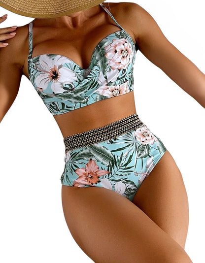 SHE világoskék virágmintás kontraszt szegélyes bikini szett