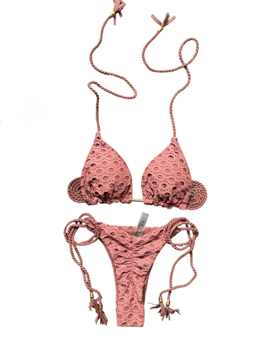 SHE rózsaszín hímzett csipkés bojttos bikini szett