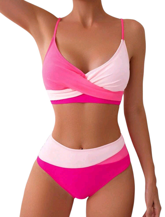 SHE rózsaszín colorblock átlapolt bikini szett
