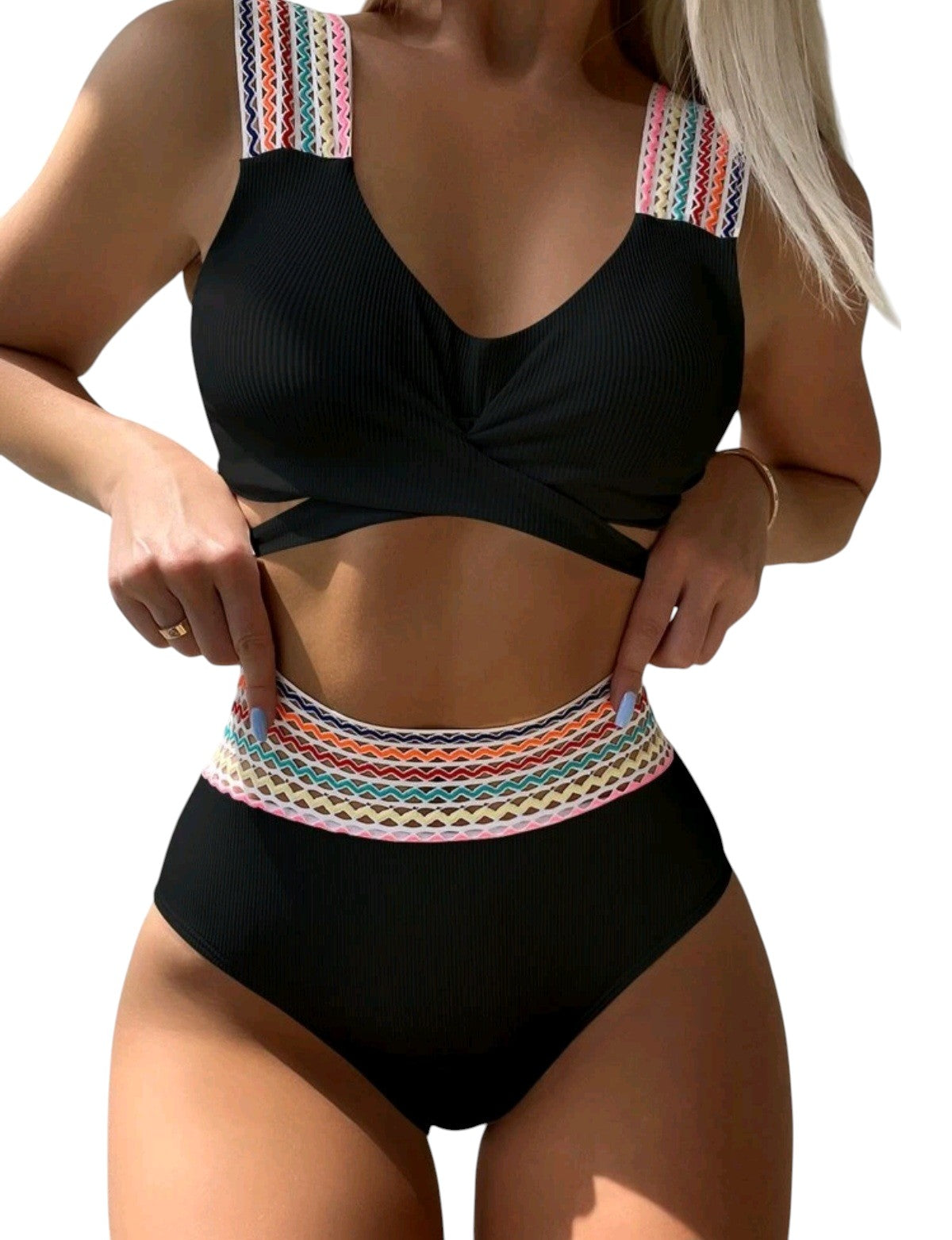 SHE fekete hímzett szegélyes átlapolt bikini szett
