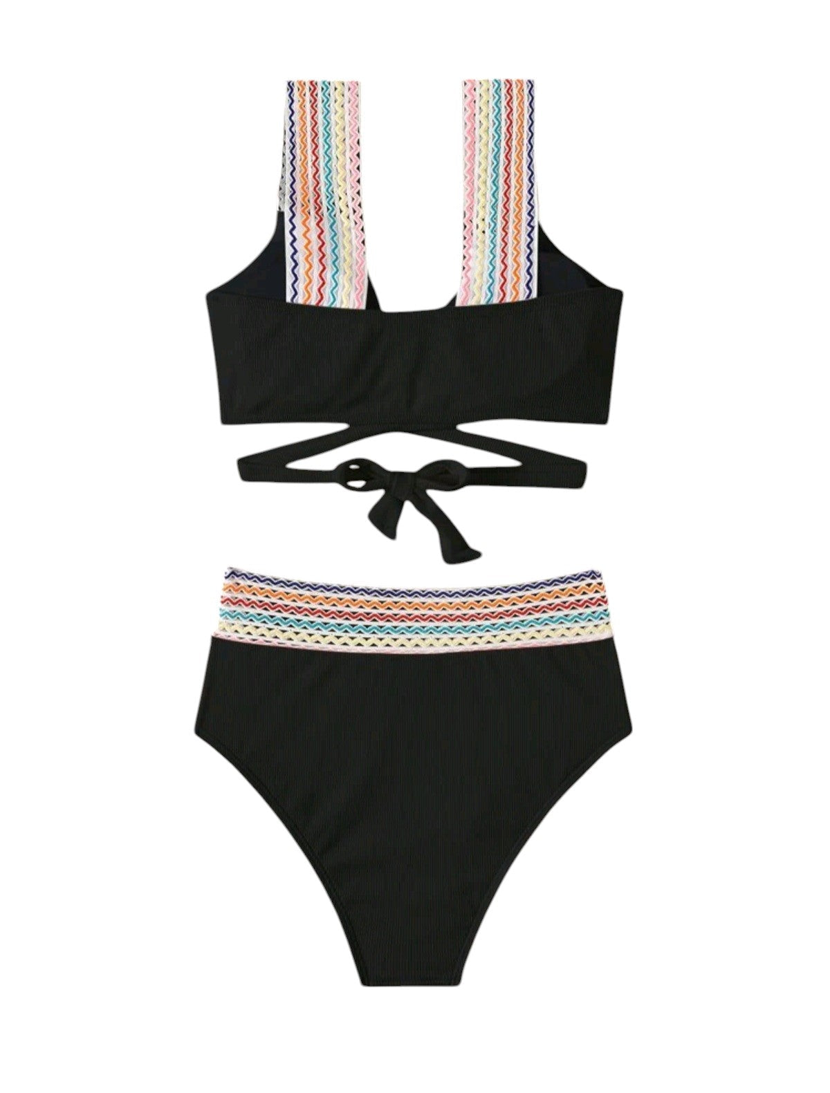 SHE fekete hímzett szegélyes átlapolt bikini szett