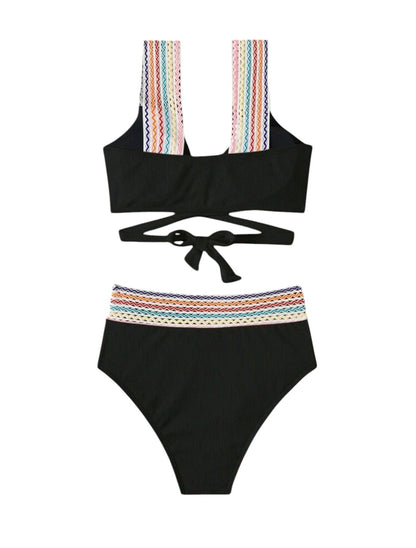 SHE fekete hímzett szegélyes átlapolt bikini szett