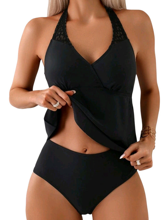 SHE fekete csipke nyakú tankini szett