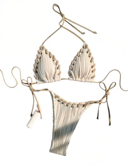 SHE krém texturált fonott szélű bikini szett