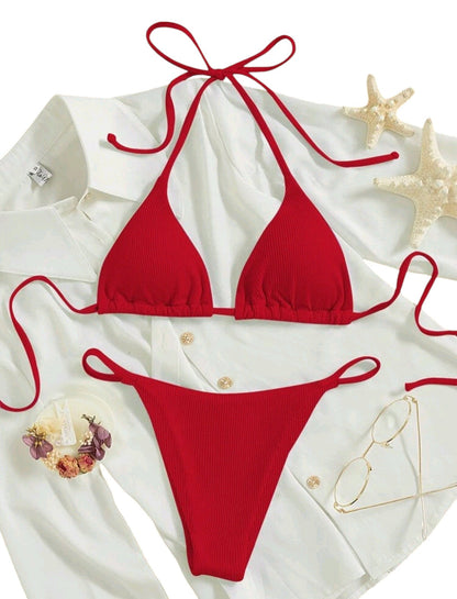 SHE piros bordázott háromszög bikini szett