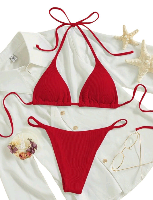 SHE piros bordázott háromszög bikini szett