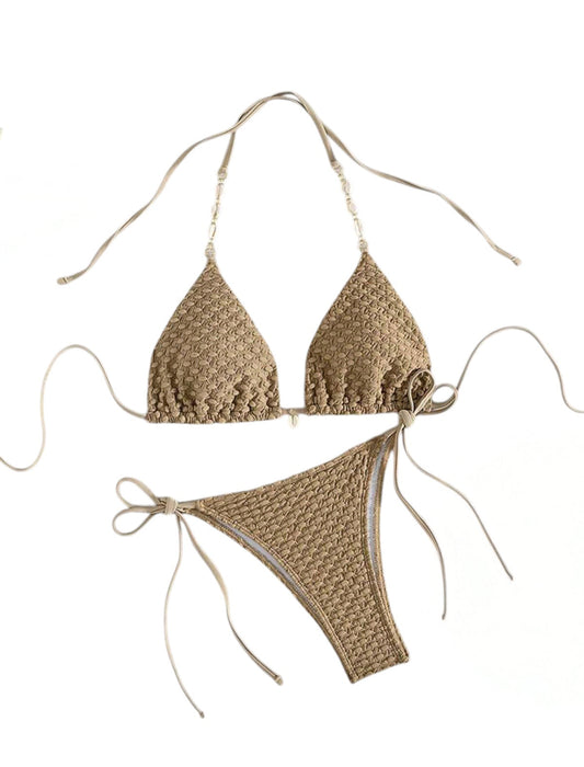 SHE taupe texturált gyöngyös pántú bikini szett