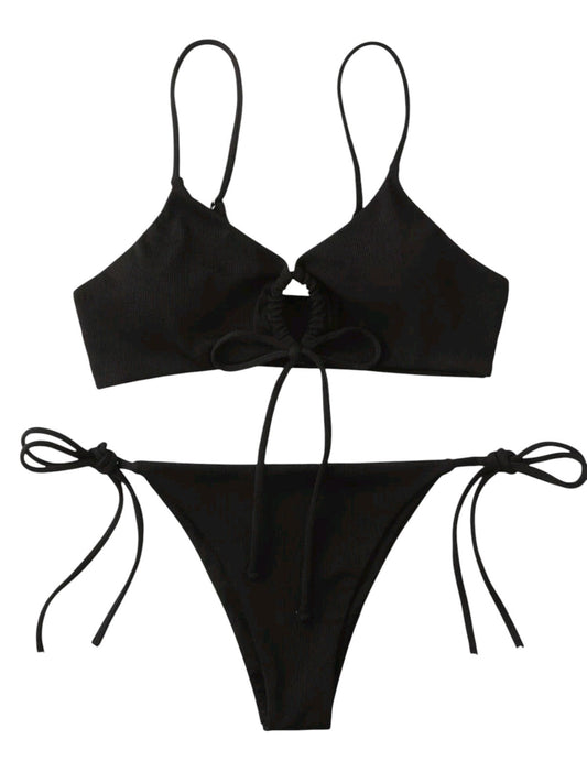 SHE fekete bordázott megkötős bikini szett
