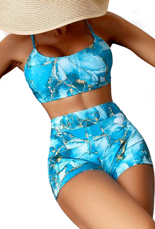 SHE kék márványmintás sortos sportos bikini szett