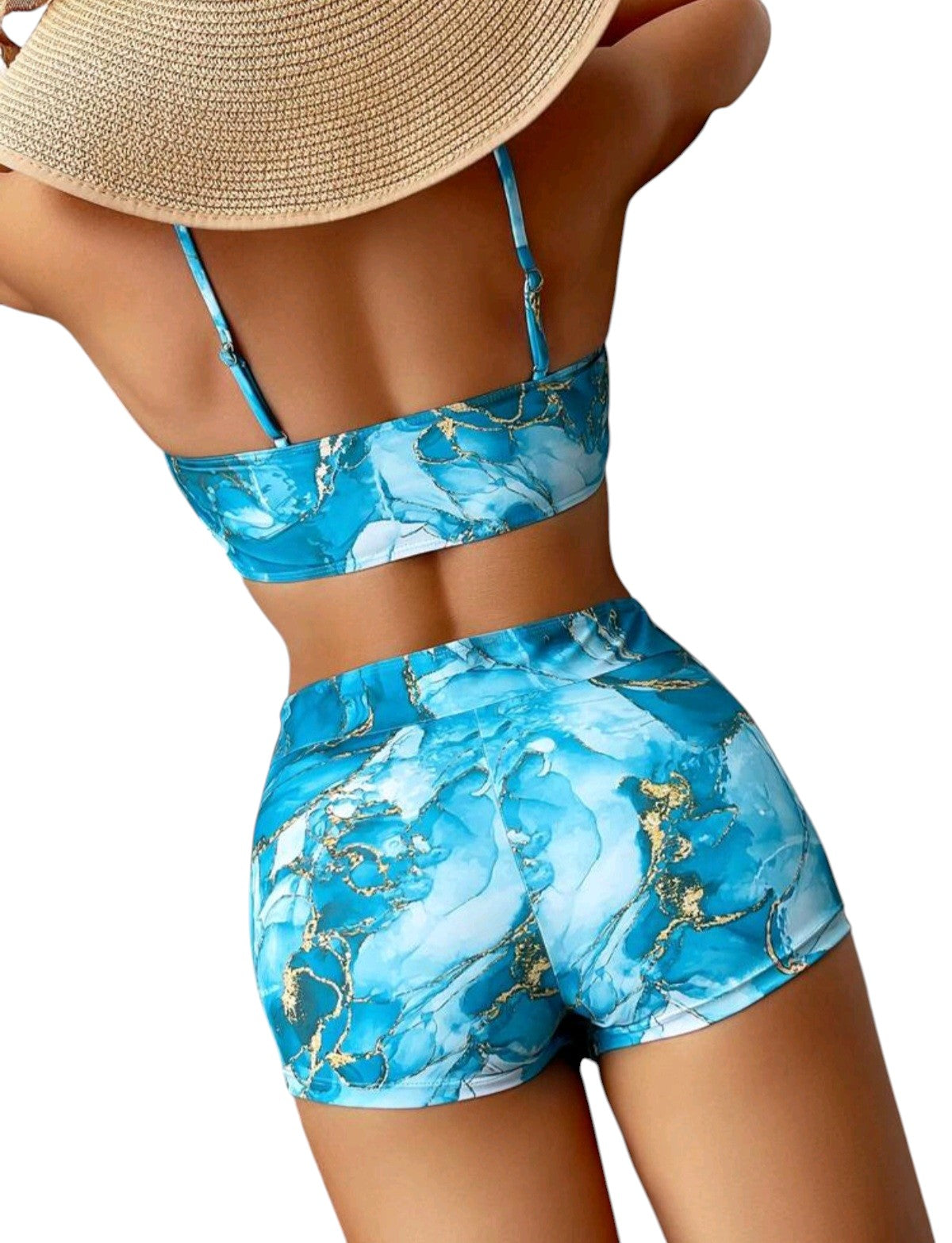 SHE kék márványmintás sortos sportos bikini szett