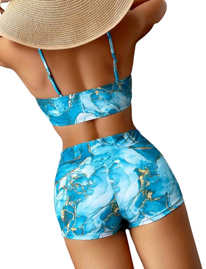 SHE kék márványmintás sortos sportos bikini szett