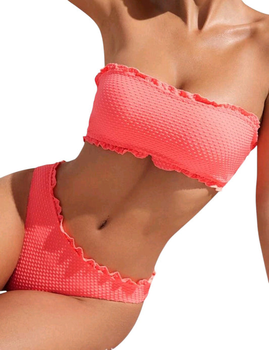 SHE korall texturált fodros szélű bandeau bikini szett