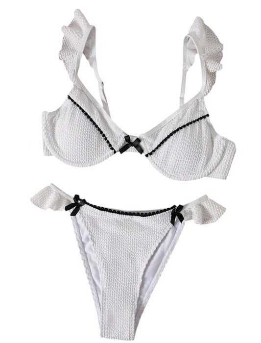 SHE fehér texturált fodros masnis bikini szett