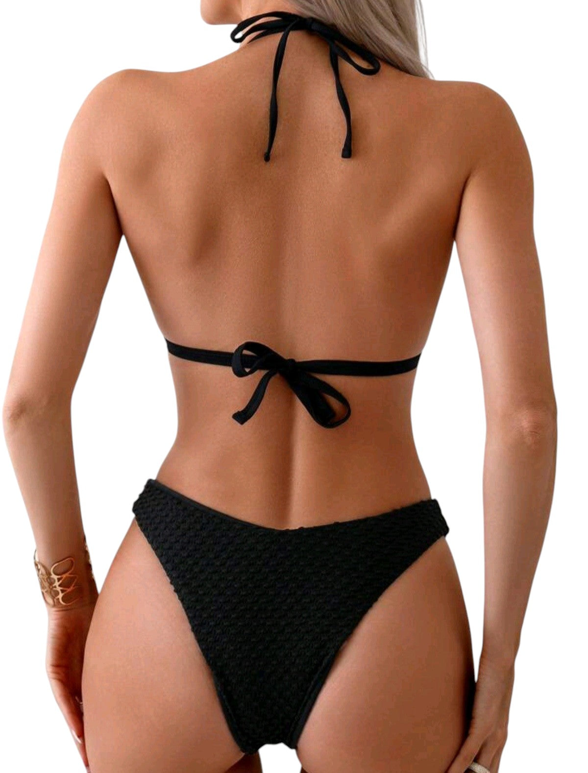 SHE fekete texturált gyöngyös pántú bikini szett