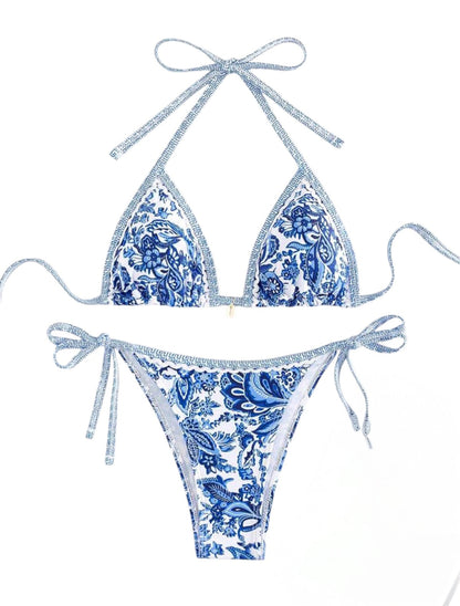 SHE fehér kék mintás csillogó szegélyes bikini szett
