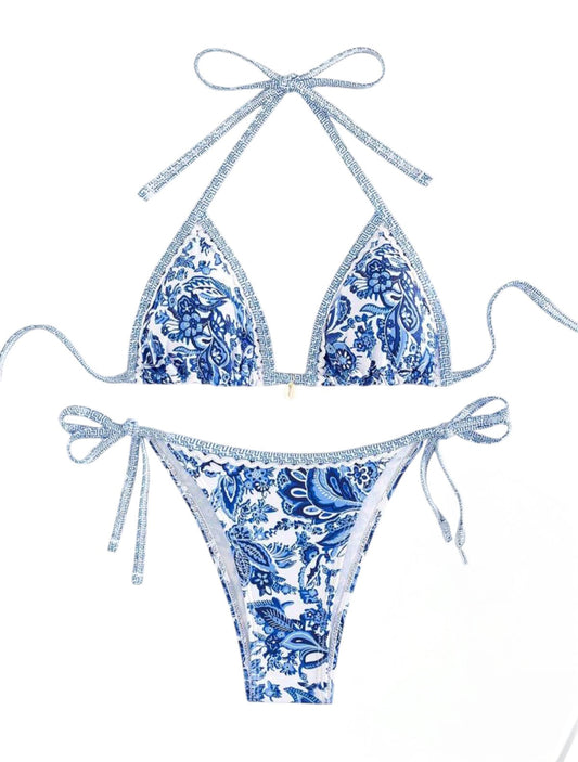 SHE fehér kék mintás csillogó szegélyes bikini szett