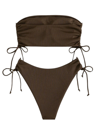 SHE barna bordázott bandeau bikini szett