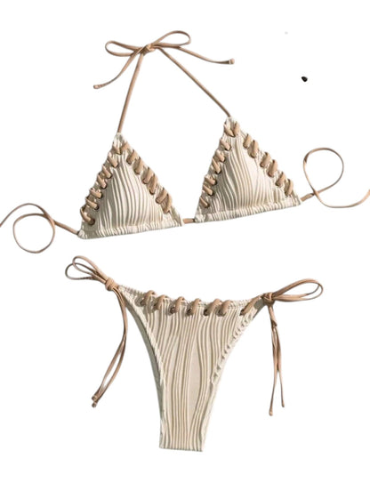 SHE krém texturált fonott szélű bikini szett