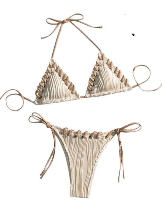 SHE krém texturált fonott szélű bikini szett