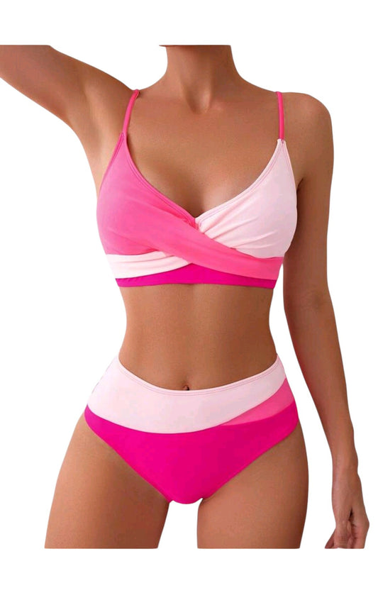 SHE rózsaszín colorblock átlapolt bikini szett