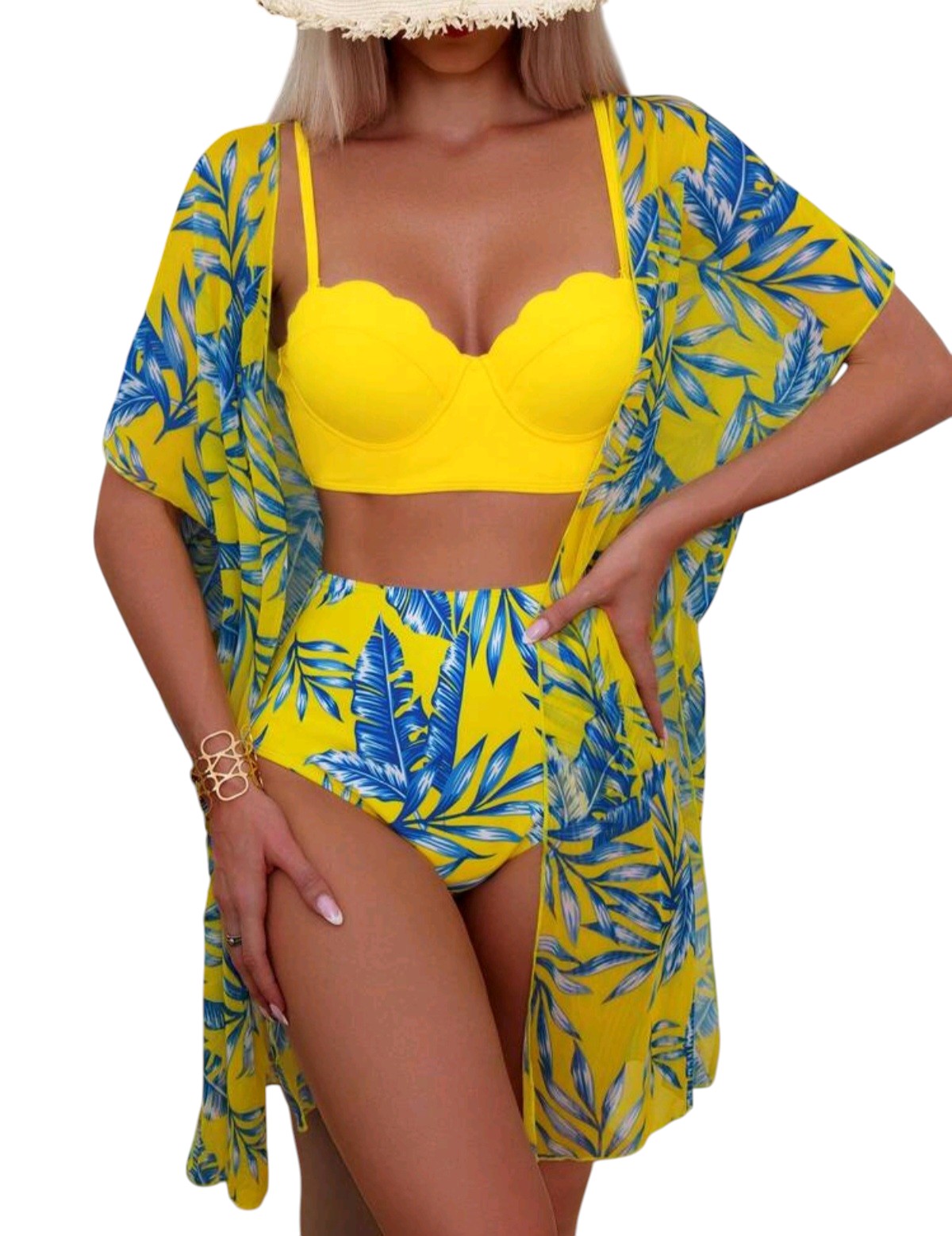SHE sárga virágmintás háromrészes bikini szett kimonóval