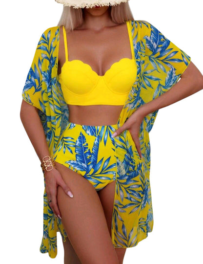 SHE sárga virágmintás háromrészes bikini szett kimonóval