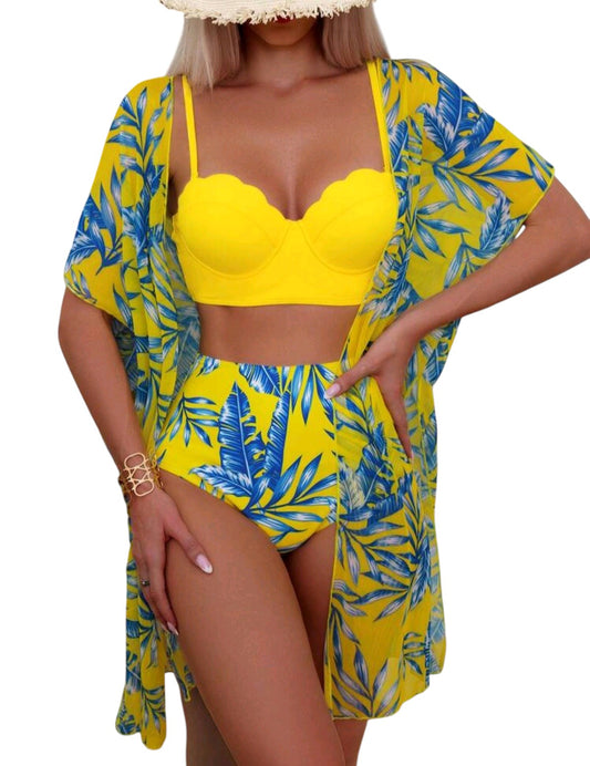 SHE sárga virágmintás háromrészes bikini szett kimonóval
