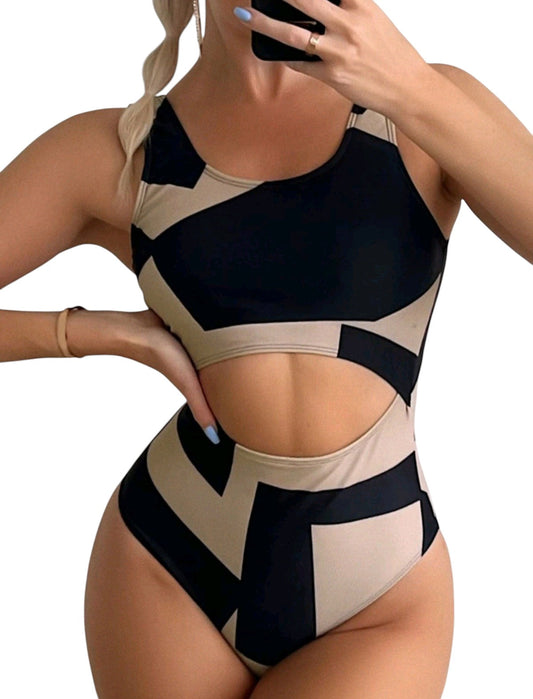 SHE fekete-bézs geometrikus mintás kivágott monokini