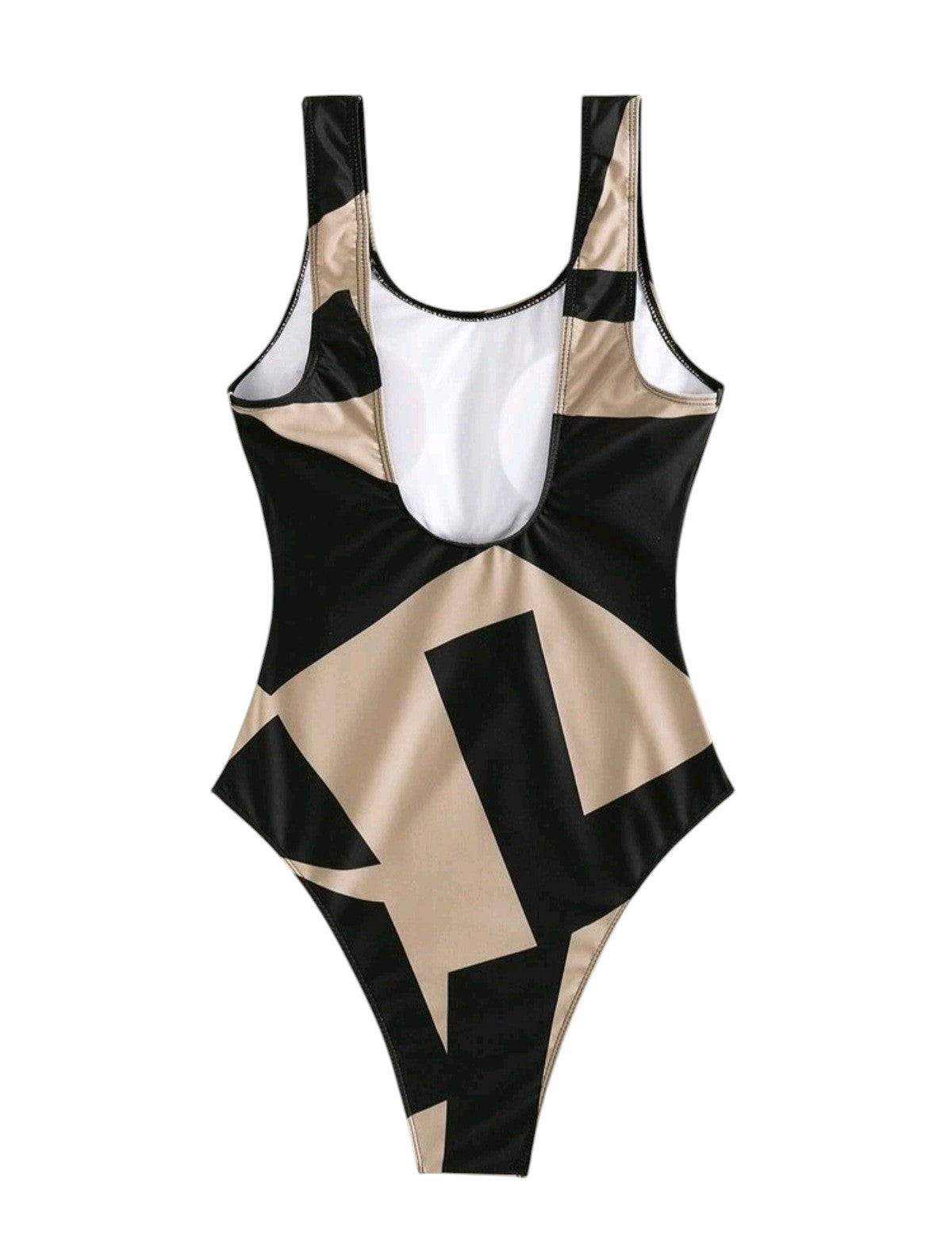 SHE fekete-bézs geometrikus mintás kivágott monokini
