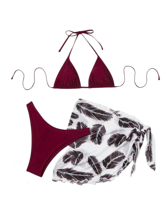 SHE bordó háromszög bikini szett tollmintás szaronggal