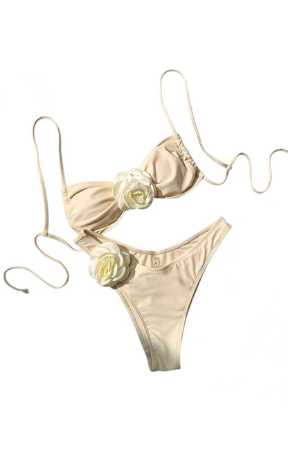 SHE krém virágos rátétes bikini szett