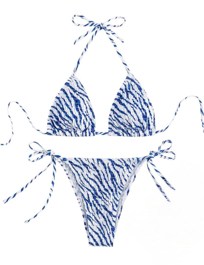 SHE kék-fehér zebra mintás megkötős bikini szett