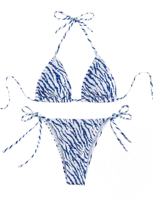 SHE kék-fehér zebra mintás megkötős bikini szett