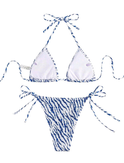 SHE kék-fehér zebra mintás megkötős bikini szett