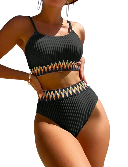 SHE fekete bordázott hímzett szegélyes magas derekú bikini szett