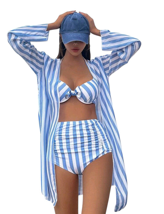 SHE kék-fehér csíkos háromrészes bikini szett