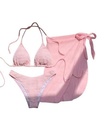 SHE rózsaszín texturált háromrészes bikini szett pareóval