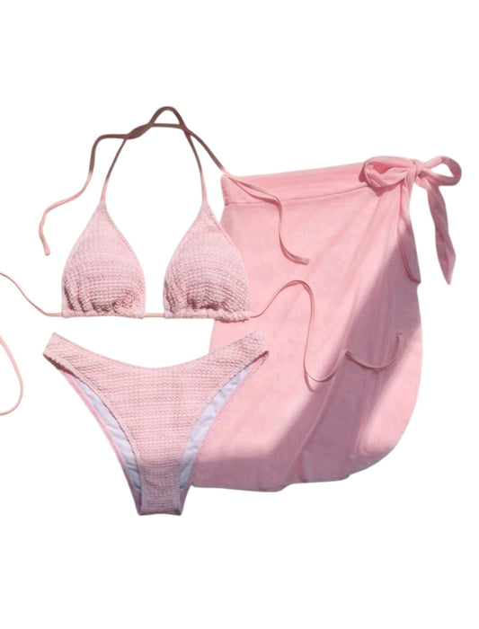 SHE rózsaszín texturált háromrészes bikini szett pareóval